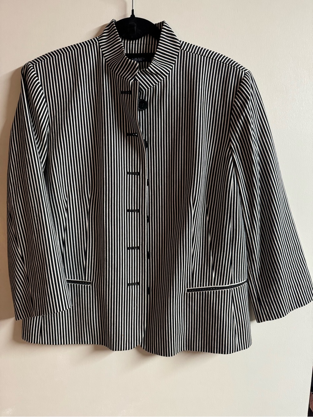 Chaps Black and White Vertical Stripe Mandarin Collar Jacket